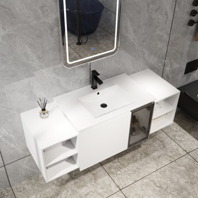 Wall-Mounted Bathroom Vanity With Ceramic Sink, 2xSoft Close Doors,Glossy White Vanity & Grey Glass 1/2 Door, 2xSmall Storage Shelves ,Combination Cabinet