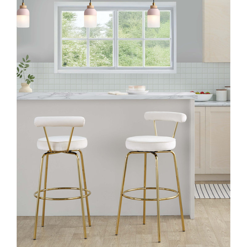 Tabouret de bar à hauteur fixe avec pivot en métal doré et velours crème - ensemble de 2