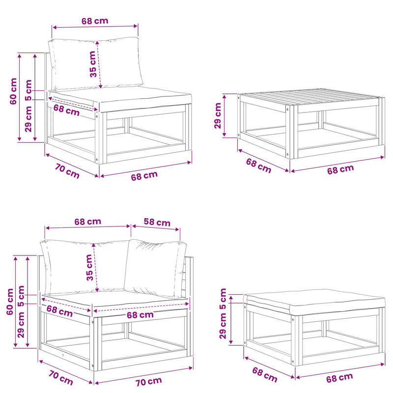 Ensemble de canapés 8 pièces en bois d'acacia massif naturel, 3x coin + 3x milieu + repose-pieds + table, Vert