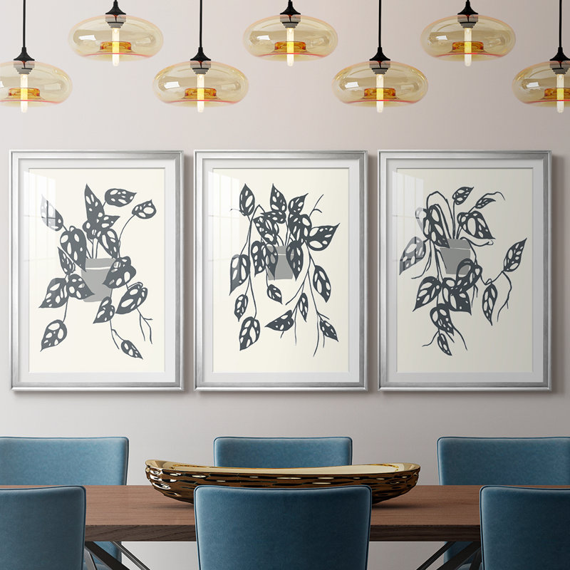 «Growing Leaves IV», impression encadrée sur mesure de qualité supérieure - 3 pièces, H 19 po x l 45 po, Argent argent