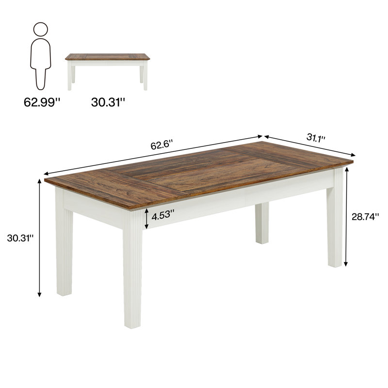 Dining Table For 4-6 People, 62-Inch Rectangular Kitchen Table With Solid Wood Legs, Dark Brown, White