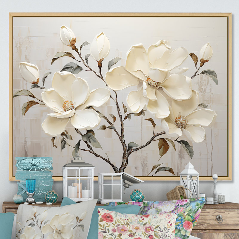 Fleur de magnolia beige et vert - art mural Magnolias, H 16 po x l 32 po x P 1 po, Cadre naturel flottant