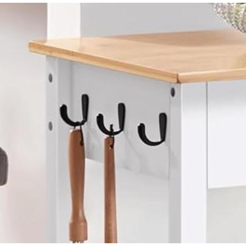 White Wheeled Kitchen Island Trolley With Drawers, Detachable Towel Rack, And 3 Hooks. A Flexible Storage Trolley For Home Kitchens.