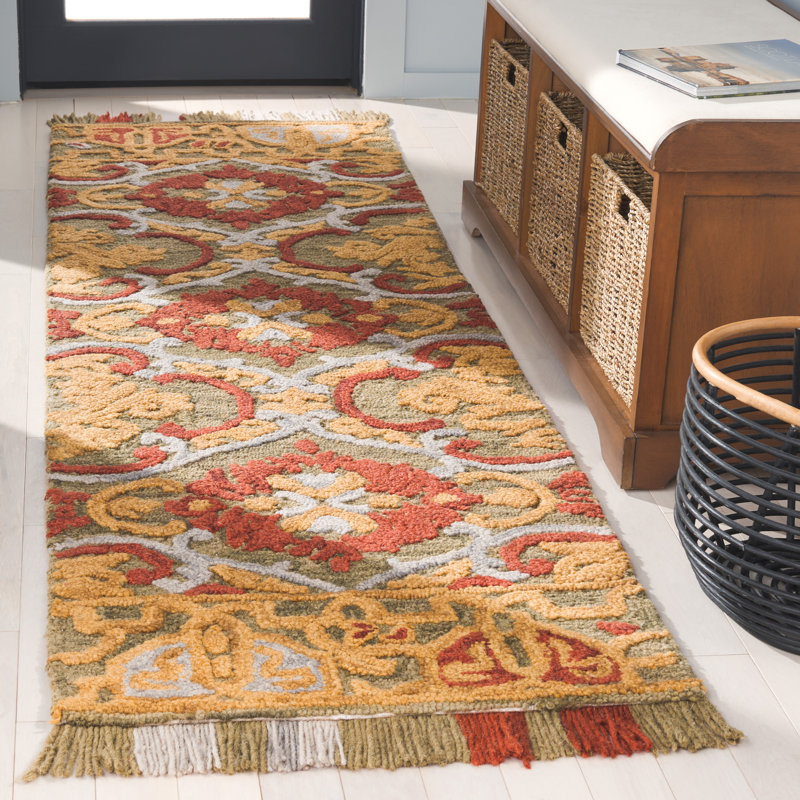 Tapis oriental performance en laine / coton touffeté Blossom en vert / or, Tapis de couloir 2 pi 3 po x 8 pi