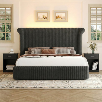 3-piece Bedroom Set, Upholstered Bed Frame With 55" Tall Headboard and 2 Nightstands with Drawers