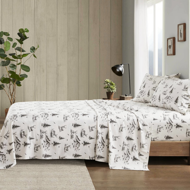 Queen Sheet Gray Deer Toile 4 Pcs 100% Cotton Flannel Soft Velvet Feel 12" Queen 14" Depth Fitted Elasticized For Good Fit Machine Washable
