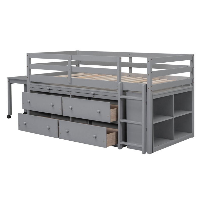 Lit mezzanine simple avec bureau d'écriture rétractable et 4 tiroirs, conception compacte et compacte pour les chambres modernes