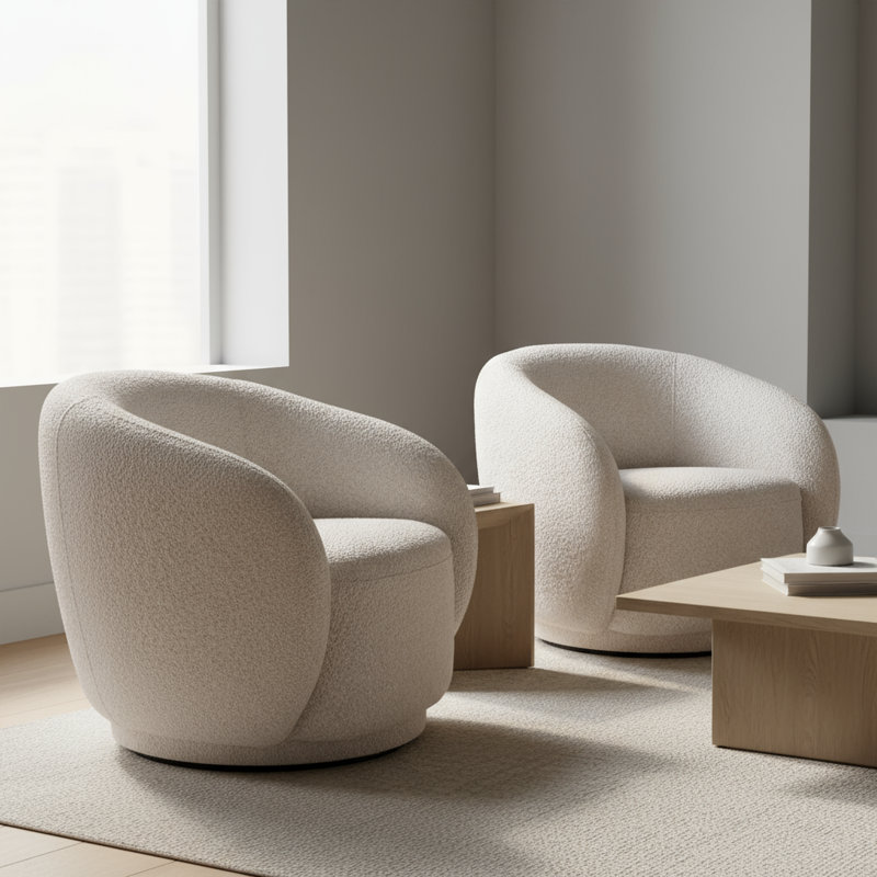Fauteuil demi-tonneau pivotant avec siège large rembourré 360 ° Boucle, ensemble de 2, 2, Beige