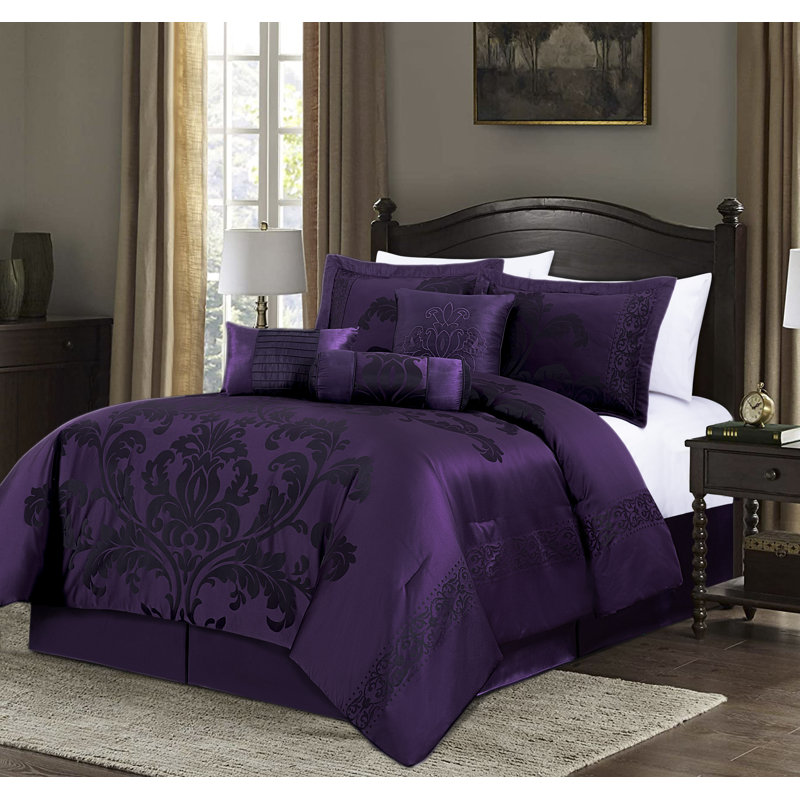 Royale Jacquard Floral 7 Piece Comforter Set, King Comforter + 6 Additional Pieces, Purple/Dark Purple