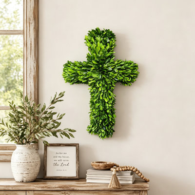 18" Artificial Farmhouse Cross Greenery Preserved Boxwood Wreath for Front Door Easter Religious Wall Decor