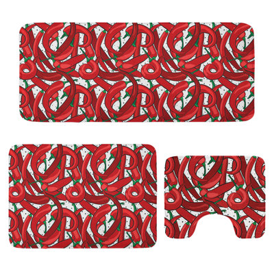 Peppers Bathroom Rug Set 3 Pieces U-Shape & Rectangle Mats Vermilion Ruby Green