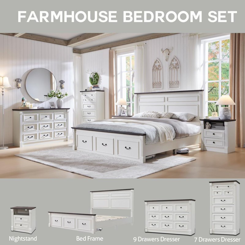 Burlington Farmhouse 8 Drawers Dresser for Bedroom, 61.2" Wide Large Dressers & Chests of Drawers, Brown/Vintage White