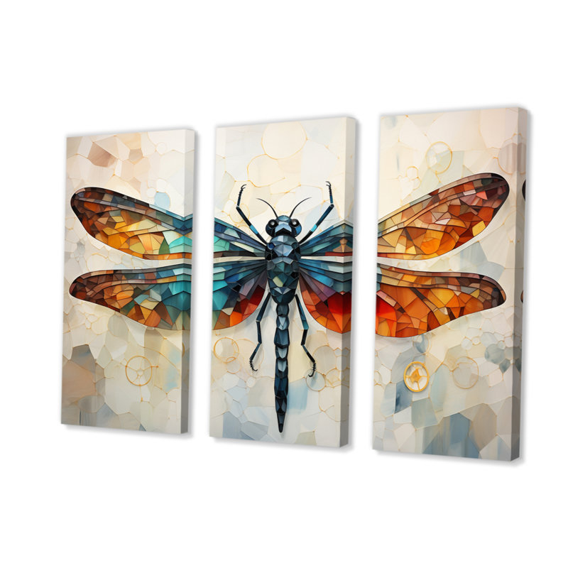 Impression de libellule orange, insectes, vol géométrique I sur toile, 3 pièces, H 32 po x l 48 po x P 1 po