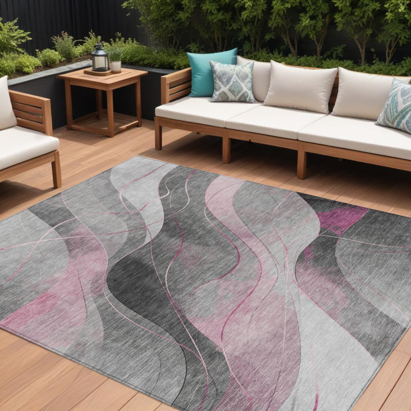 Tapis d'extérieur lavable abstrait 10 pi x 14 pi rose et gris argenté