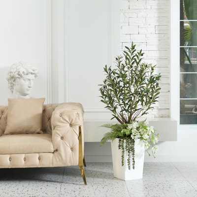 Adcock Artificial Olive Tree 4FT - UV Resistant Faux Olive Tree with Tapered Planter and Decorative Plants