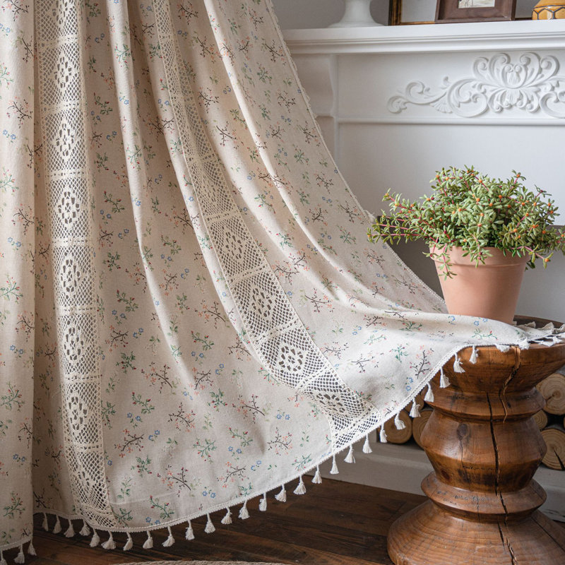 Anclote Cotton Linen Curtains Vintage Hollow Out Translucent Beige Khaki Flowers (Set of 2), 59" W x 63" L