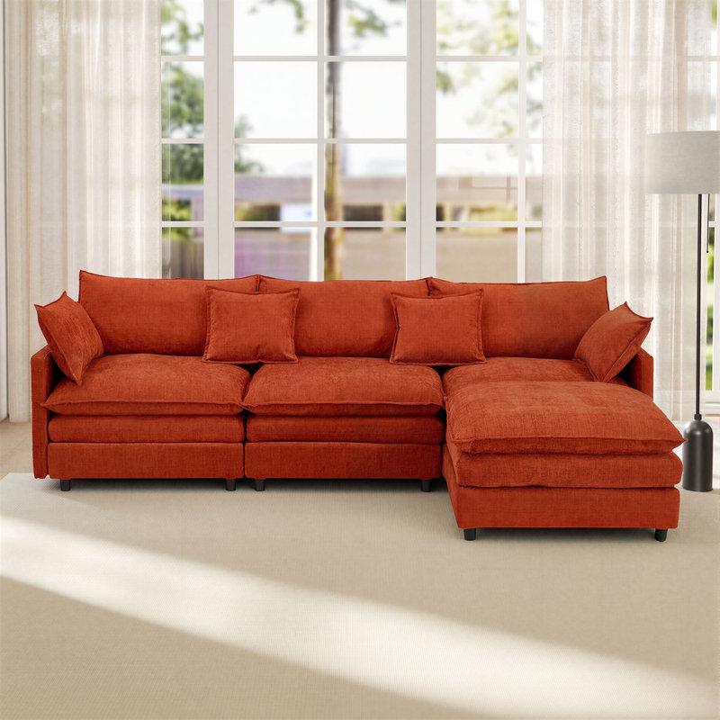 105" 3-seater Sofa L Shaped Sectional Couch Chenille Upholstery Sofa With Ottoman For Living Room And Office