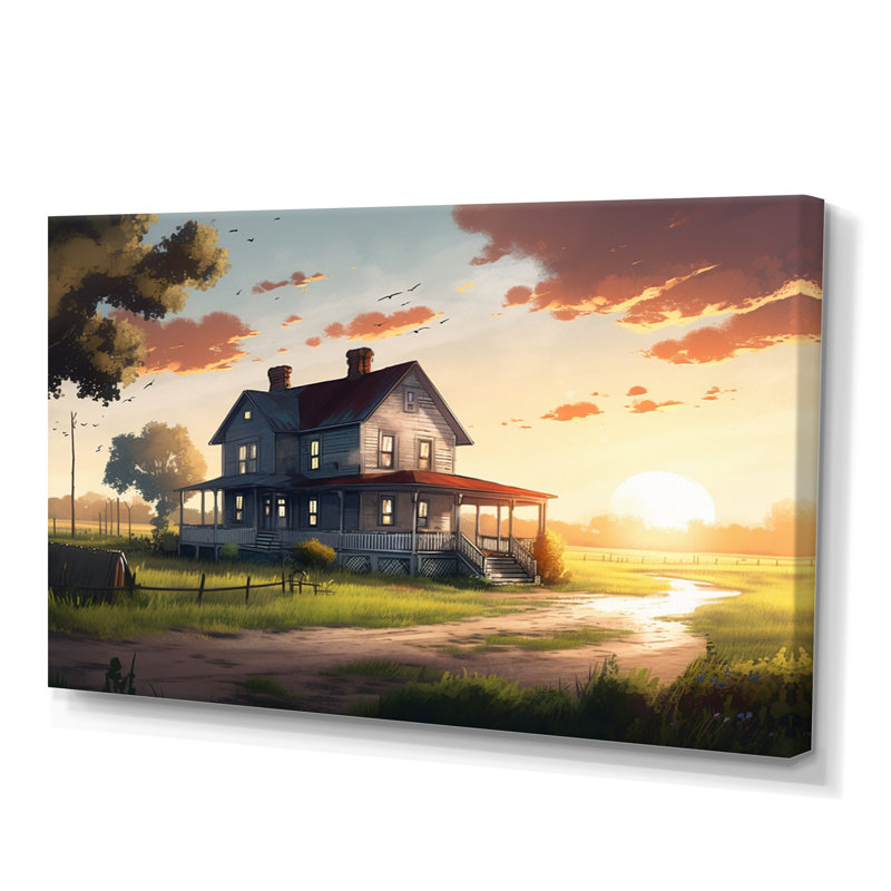«Burning Sky At Sunset Farmhouse III» - Décoration murale paysage de ferme, H 16 po x l 32 po, Toile tendue