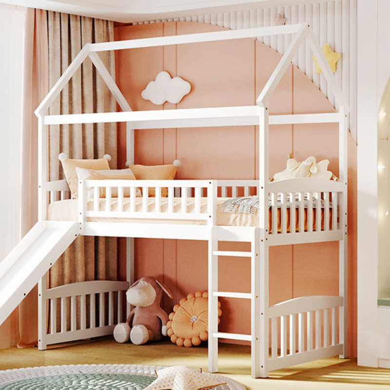 Lit mezzanine simple avec glissade et maisonnette, peu encombrant et sécuritaire pour les chambres de personnes, Blanc