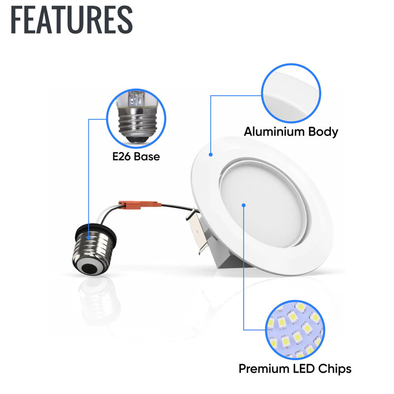 4" Round 10W LED Recessed Eyeball Dimmable Downlight, 120V, 740LM, CRI 90+, 5000K