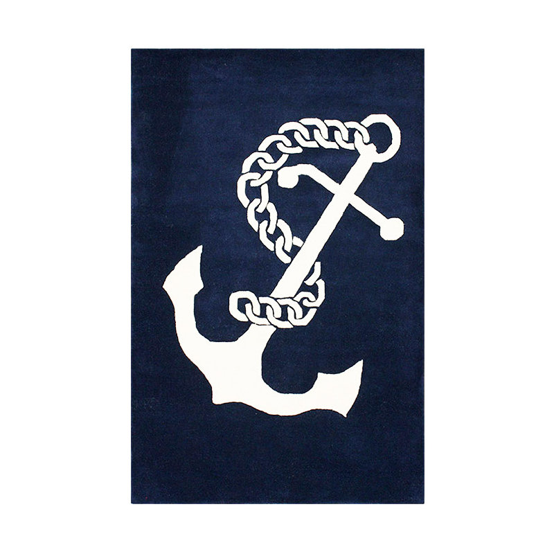 Tapis bleu marine en laine tissé à plat à la main à motif d'ancre Panama, Rectangle de 5 pi x 8 pi