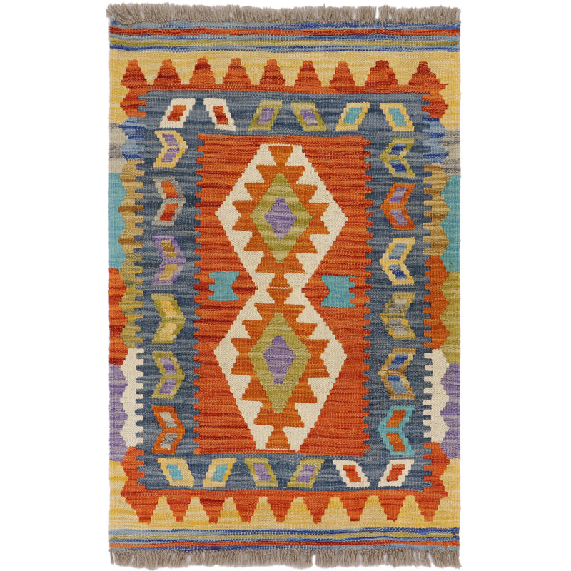 Tapis beige / bleu / orange en laine noué à la main 2 pi 2 po x 2 pi 11 po Madelin