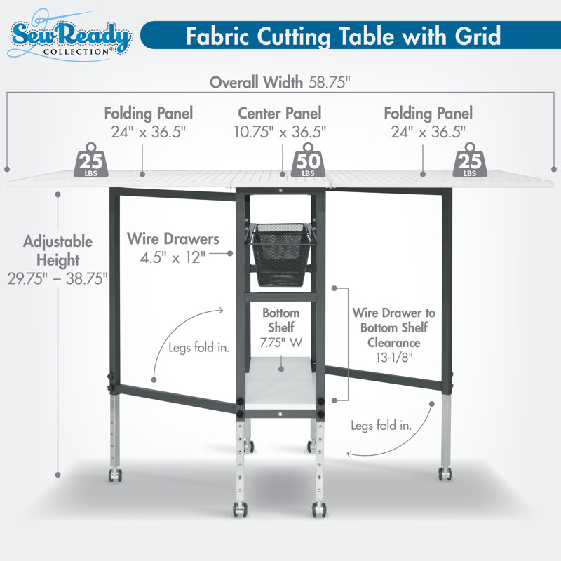 Table de découpe avec grille de planche à coudre et guide mobile, pliable, réglable en hauteur avec rangement, gris anthracite / blanc