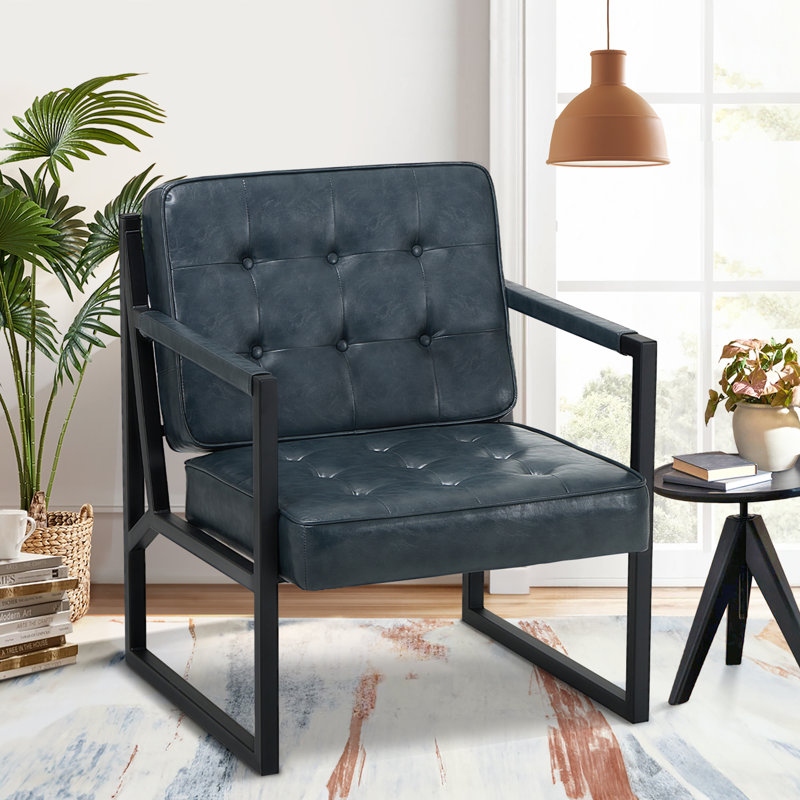 Modern Faux Leather Tufted Back Accent Chair with Metal Farme, Blue Faux Leather