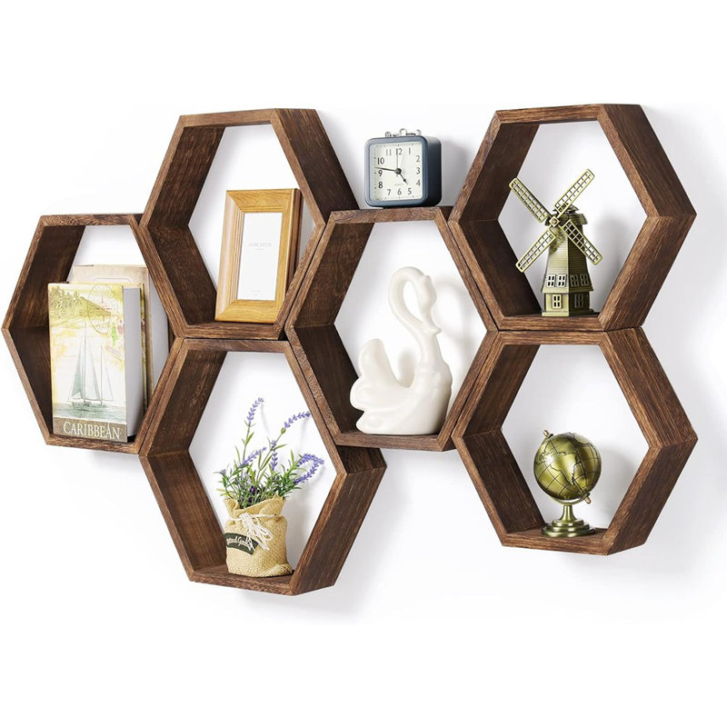 Floating Shelves Set Of 6 Farmhouse Honeycomb Wall Storage Shelf Wood Display Hexagonal Shelves Wall Mounted Hanging Rustic Shelf Racks For Bedroom Living Room Hallway Office Decor, Brown
