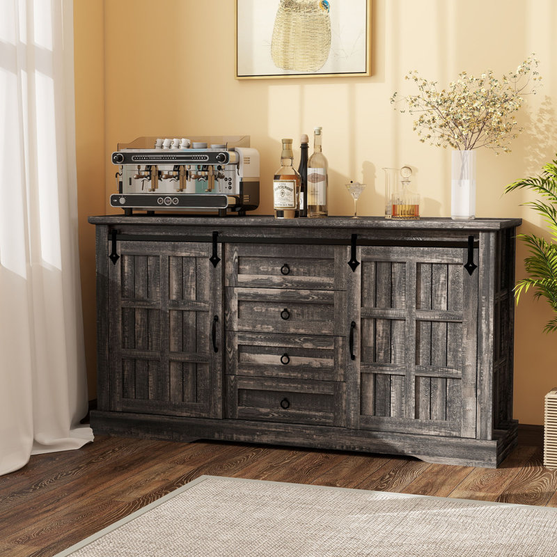 59" Farmhouse Sideboard Buffet Kitchen Cabinet with Storage, Sliding Barn Doors & Drawers, Dark Rustic Oak
