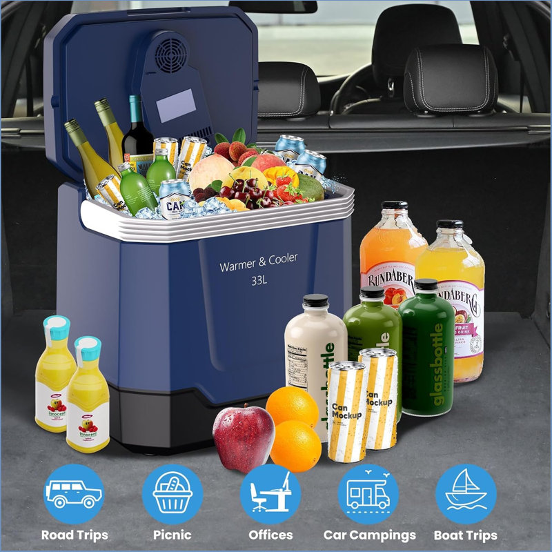 35 Quart (33 L) Electric Cooler & Warmer, Portable Car Refrigerator With Automatic Locking Handle, 12v Car Cooler For Vehicle & Trucks, 110v Ac Home Power Cord, Plug In Coolers