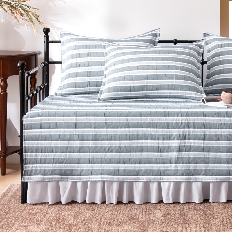 SLEEP ZONE 5 Pcs Daybed Cover Set - Navy Blue Striped Jacquard Quilted Bedding Set with Bed Skirt & 3 Pillow Shams, All Season Comfort, 75" x 39" Daybed Cover