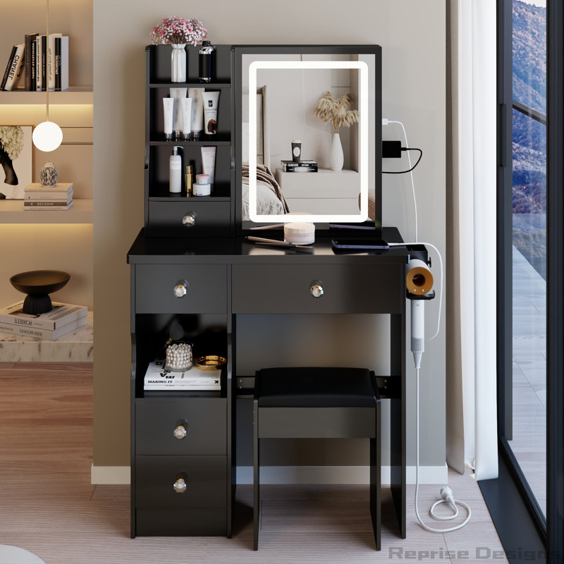 29.2" Small Size Left Drawer Desktop Vanity Table with Cushioned Stool and Power Station,Sliding LED Mirror, Black