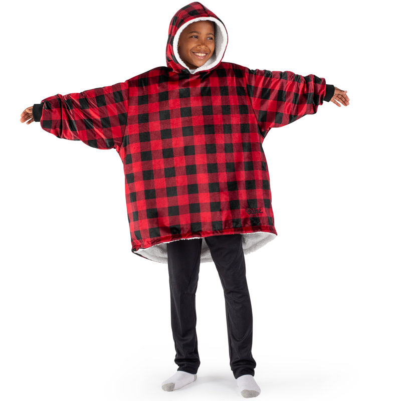 Couverture en sherpa à capuche portable, Carreaux Buffalo - rouge / noir, Jeunesse