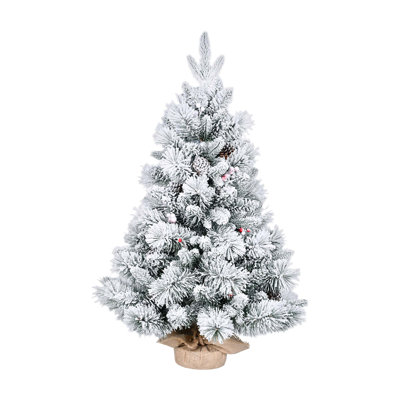 3FT Flocked Christmas Tree With PE/PVC & Pine Needle Branches, 170 Tips, Decorated With Pine Cones & Berries – Small Snowy Holiday Tree For Tabletop, Entryway, Or Office Decor