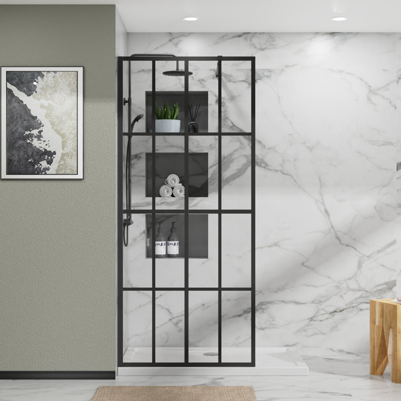 34" X 72" Shower Door Clear Tempered Glass Framed Shower Screen Walk-in Black Finish