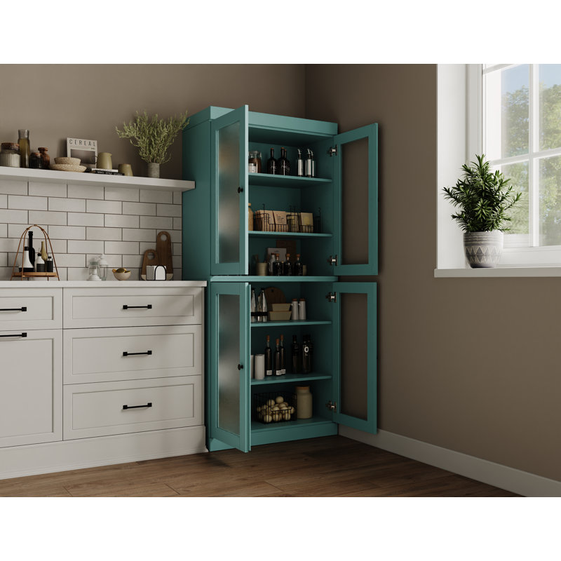 Garde-manger 100% bois massif 32 po avec portes en verre givré et tablettes réglables, Turquoise