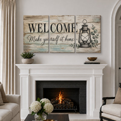 Tableau rustique de bienvenue avec lanterne et eucalyptus, décoration d'entrée, impression giclée sur toile encadrée (3 pièces)