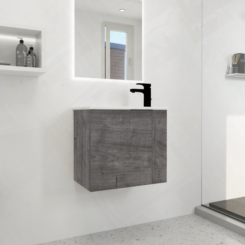 Meuble-lavabo flottant avec évier, Chêne gris carreauté