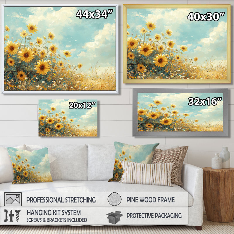 Campagne tournesols dans le vent - tournesols, art mural, Brun, H 12 po x l 20 po, Reproduction avec cadre flottant