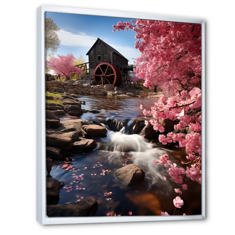 «Maigo Pink Brown Mill In Spring», reproduction sur toile, H 32 po x l 24 po x P 1 po, Cadre flottant blanc