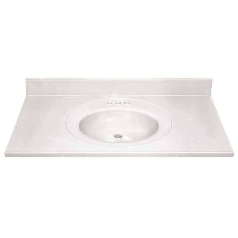 43 Inch Cultured Marble Vanity Top with Backsplash, Improved Package, White on White