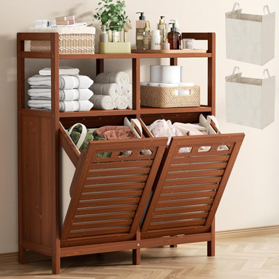 Armoire à linge double basculante en bambou, couleur noyer, 20 gallons, trieur à 2 compartiments avec 2 sacs amovibles et étagères, organisateur de vêtements sales dissimulé pour salle de bain, buanderie ou placard