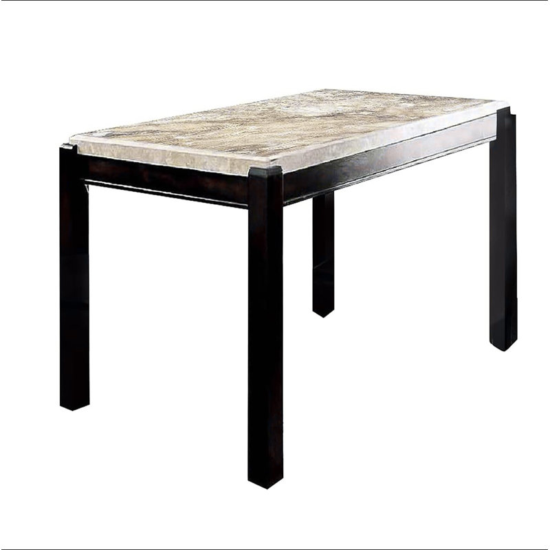 Table de salle à manger transitionnelle en noyer foncé avec plateau en marbre véritable ivoire et table rectangulaire