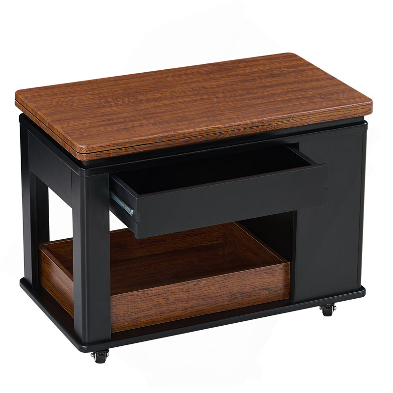 Table basse / table d'appoint moderne 27,6 po avec plateau pliable et roulettes, rangement à plusieurs niveaux, Noir