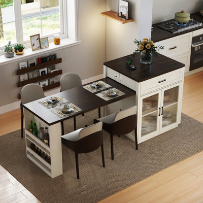 Îlot de cuisine 83,1 po avec table coulissante et supports de rangement pour 2 à 6 personnes, îlot de cuisine avec portes en verre trempé, table de salle à manger en grain de bois noyer, prise de courant, bar, station de préparation