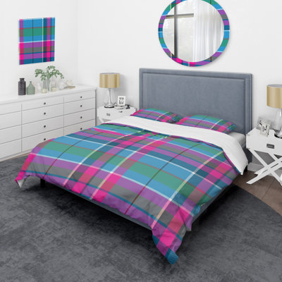 Tartan à carreaux rose et bleu - Ensemble de housse de couette abstrait - Microfibre de polyester