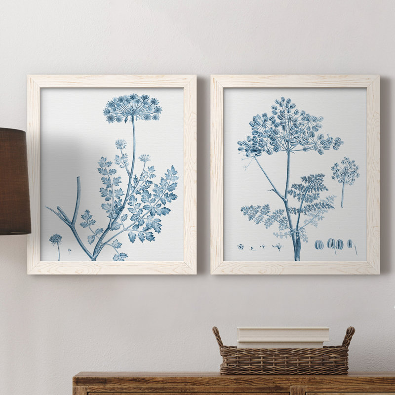 Antique Botanical In Blue V - ensemble de 2 peintures sur toile encadrées, Toile blanche encadrée