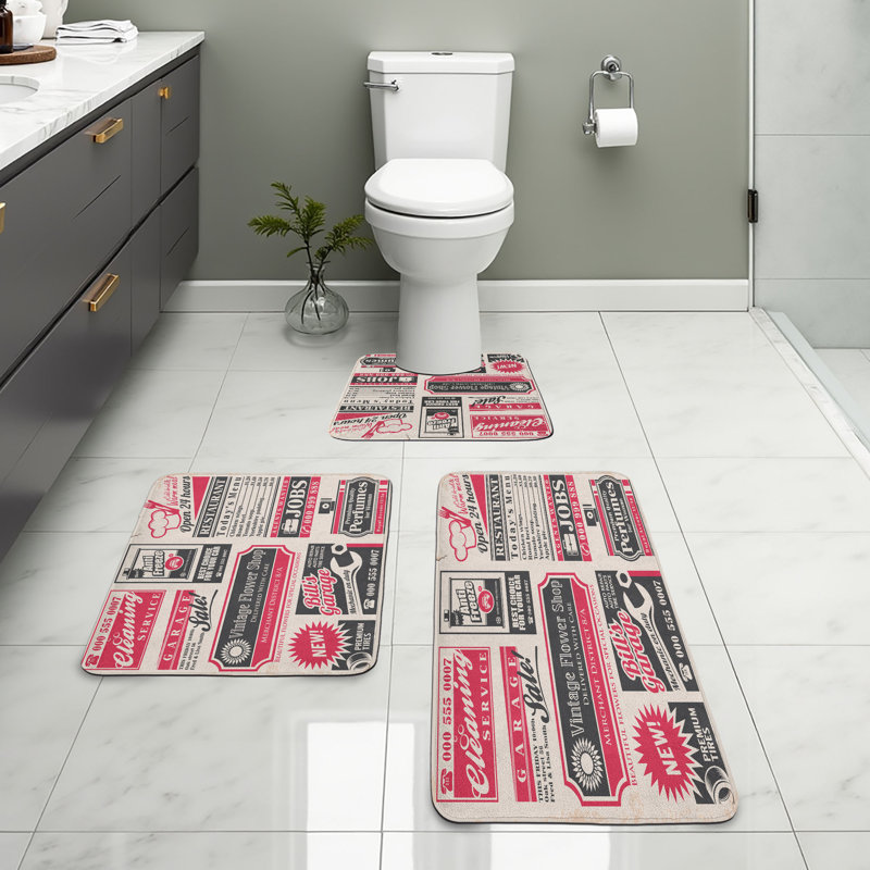  Ensemble de tapis de salle de bain rétro en U 3 pièces et tapis rectangulaires rose beige, bleu sarcelle