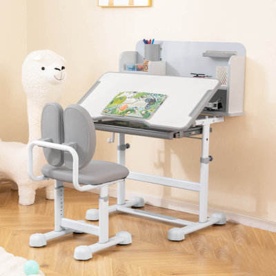 Kid’s Study Desk & Chair Set with Tilt Desktop, Pen Holder & Tray, Reading Stand Gray